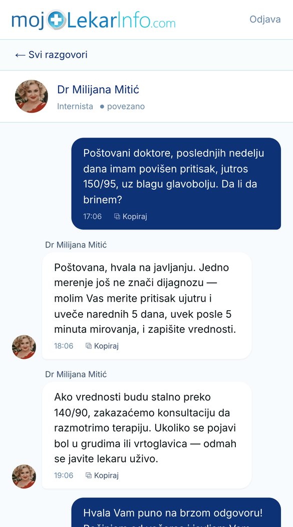 Internista odgovara pacijentu u aplikaciji LekarInfo